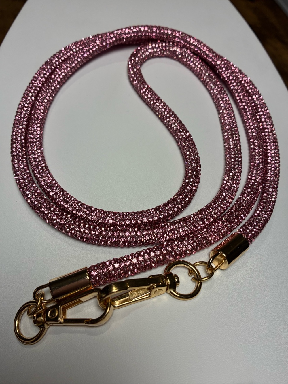 Sparkling Pink Crystal Rope Lanyard Crossbody Purse Strap with Gold Hardware